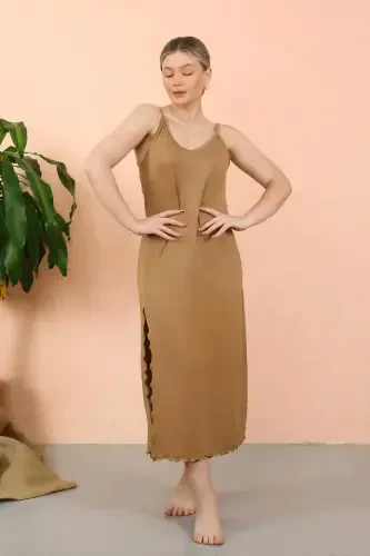 Women's Spaghetti Strap Slit Long Coffee Milk Nightdress 90119 - 3