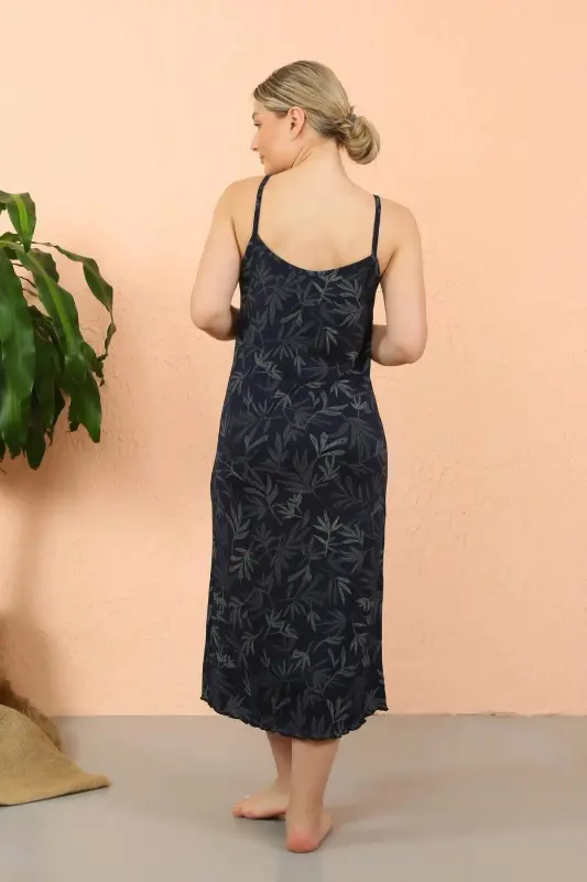 Women's Spaghetti Strap Slit Long Navy Blue Nightgown 90121 - 3