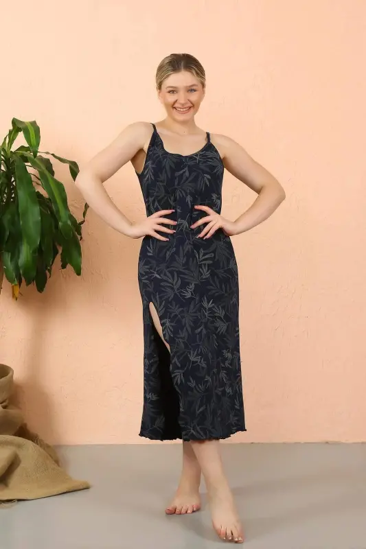 Women's Spaghetti Strap Slit Long Navy Blue Nightgown 90121 - 7