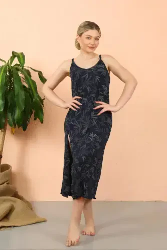 Women's Spaghetti Strap Slit Long Navy Blue Nightgown 90121 - 5