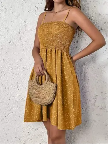 Women's Spaghetti Strap Smocked Patterned Short Supreme Dress - BÜYÜKBEDENIZ (1)