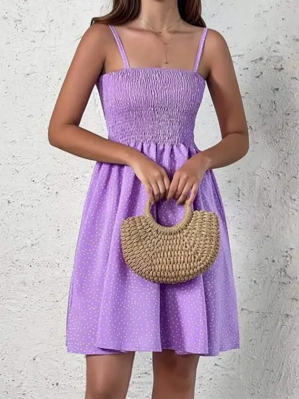 Women's Spaghetti Strap Smocked Patterned Short Supreme Dress - BÜYÜKBEDENIZ