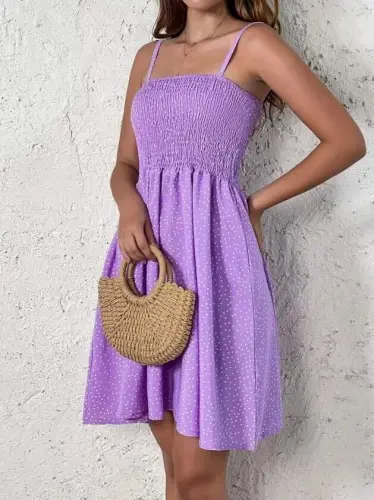 Women's Spaghetti Strap Smocked Patterned Short Supreme Dress - BÜYÜKBEDENIZ (1)