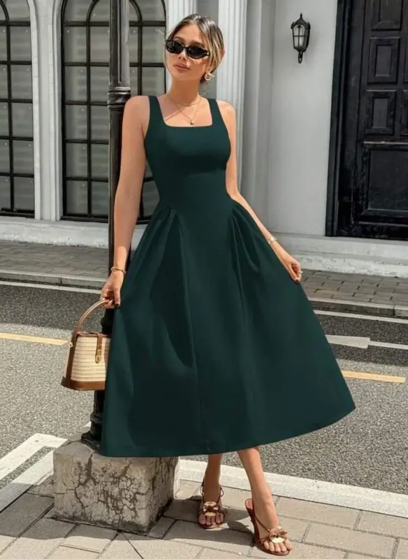 Women's Spaghetti Strap Square Neck Long Imported Crepe Dress - 1