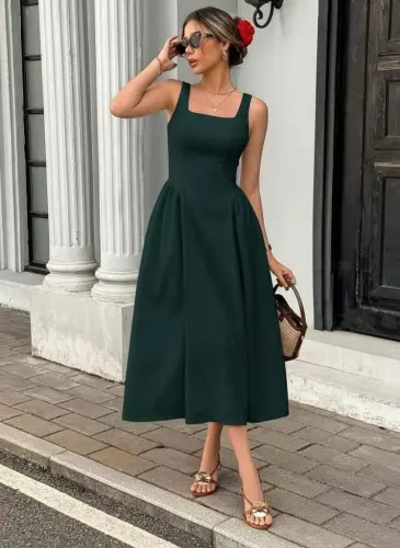 Women's Spaghetti Strap Square Neck Long Imported Crepe Dress - BÜYÜKBEDENIZ (1)