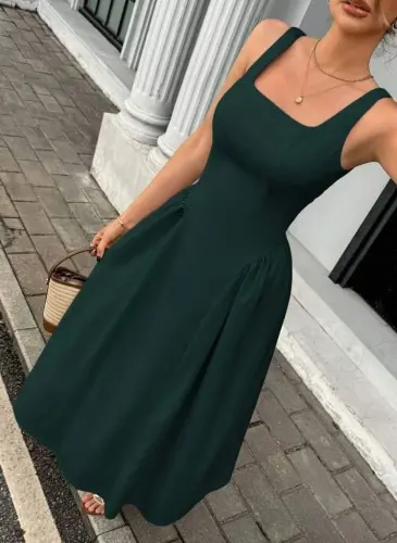 Women's Spaghetti Strap Square Neck Long Imported Crepe Dress - 4