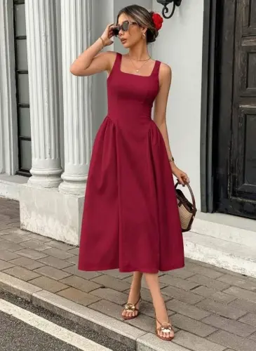 Women's Spaghetti Strap Square Neck Long Imported Crepe Dress - BÜYÜKBEDENIZ (1)