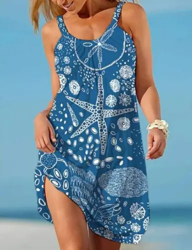 Women's Spaghetti Strap Starfish Patterned Interlock Dress - 2