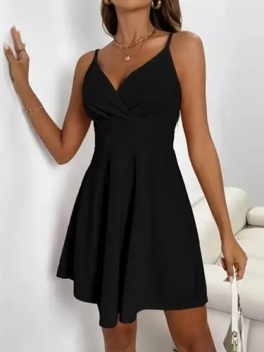 Women's Spaghetti Strap Surplice Neck Short Imported Crepe Dress - 3