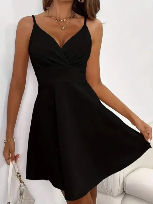 Women's Spaghetti Strap Surplice Neck Short Imported Crepe Dress - 5