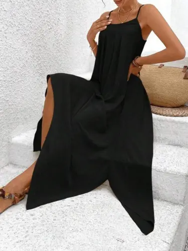 Women's Spaghetti Strap V-Neck Asymmetric Detail Aerobic Dress - 1