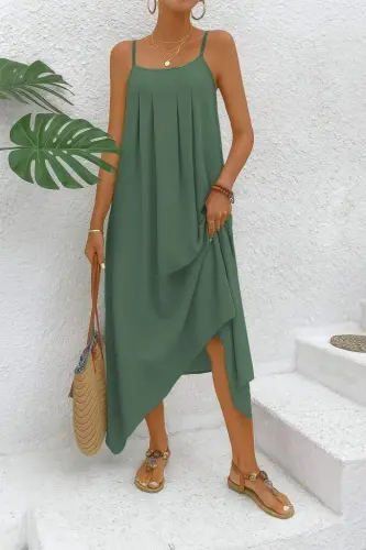 Women's Spaghetti Strap V-Neck Asymmetric Detail Aerobin Dress - BÜYÜKBEDENIZ (1)