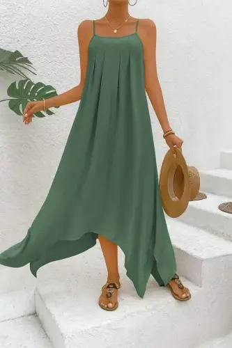 Women's Spaghetti Strap V-Neck Asymmetric Detail Aerobin Dress - 4