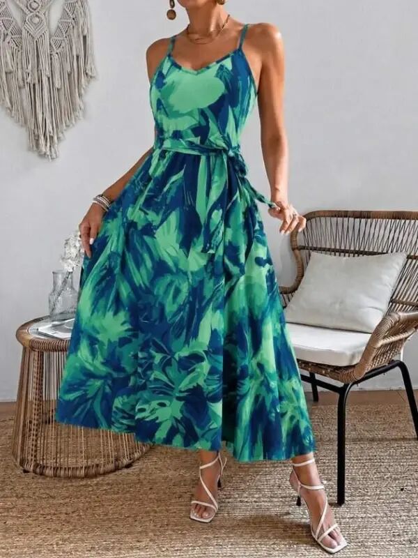 Women's Spaghetti Strap V-Neck Belted Long Patterned Single Jersey Dress - 2