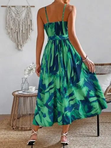 Women's Spaghetti Strap V-Neck Belted Long Patterned Single Jersey Dress - 3