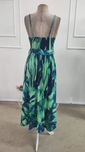 Women's Spaghetti Strap V-Neck Belted Long Patterned Single Jersey Dress - 5
