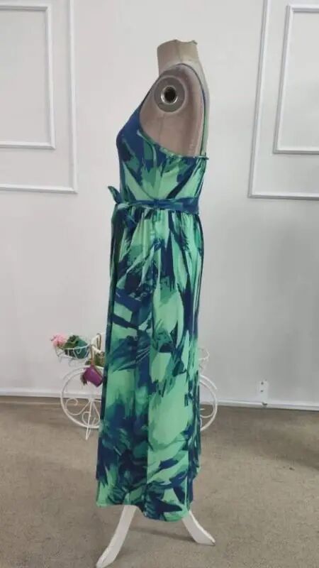 Women's Spaghetti Strap V-Neck Belted Long Patterned Single Jersey Dress - 6