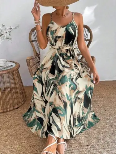Women's Spaghetti Strap V-Neck Belted Long Patterned Supima Dress - 3