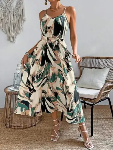Women's Spaghetti Strap V-Neck Belted Long Patterned Supima Dress - 6