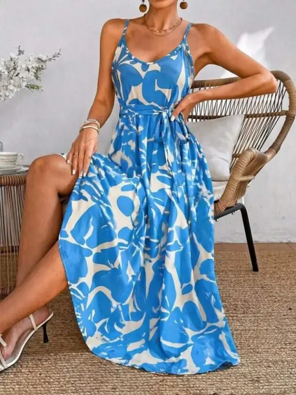 Women's Spaghetti Strap V-Neck Belted Long Patterned Supima Dress - 6