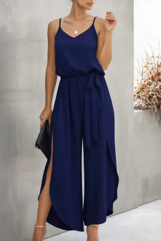 Women's Spaghetti Strap V-Neck Belted Side Slit Long Aerobin Jumpsuit - 2