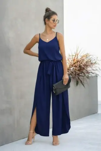Women's Spaghetti Strap V-Neck Belted Side Slit Long Aerobin Jumpsuit - 4