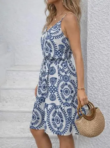 Women's Spaghetti Strap V-Neck Buttoned Patterned Short Interlock Dress - BÜYÜKBEDENIZ (1)