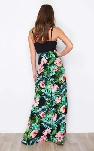 Women's Spaghetti Strap V Neck Digital Printed Floral Slit Micro Fabric Dress - 3