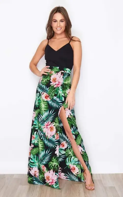 Women's Spaghetti Strap V Neck Digital Printed Floral Slit Micro Fabric Dress - 2