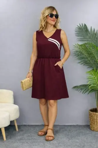 Women's Spaghetti Strap V-Neck Drawstring Waist Short Viscose Two-Thread Dress - 1