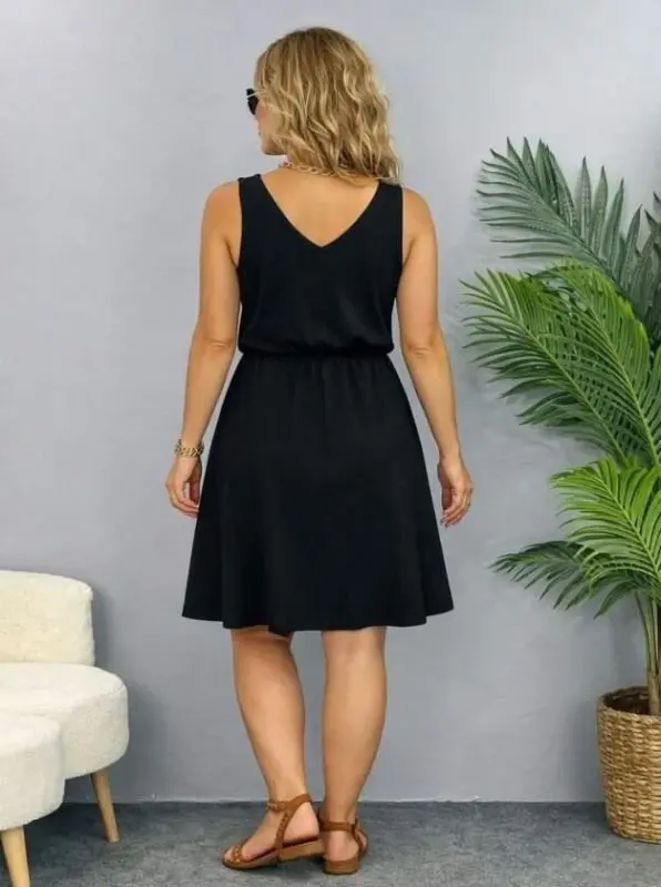 Women's Spaghetti Strap V-Neck Drawstring Waist Short Viscose Two-Thread Dress - 2