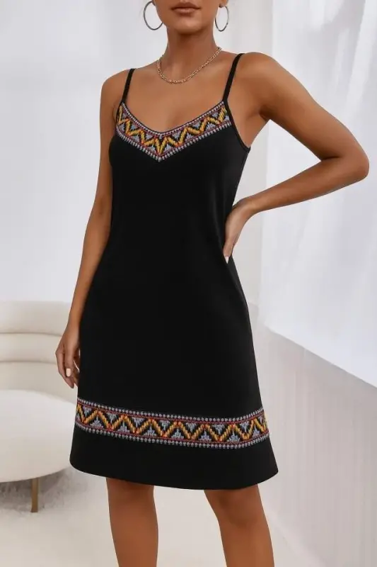 Women's Spaghetti Strap V-Neck Ethnic Patterned Detailed Dress - 1
