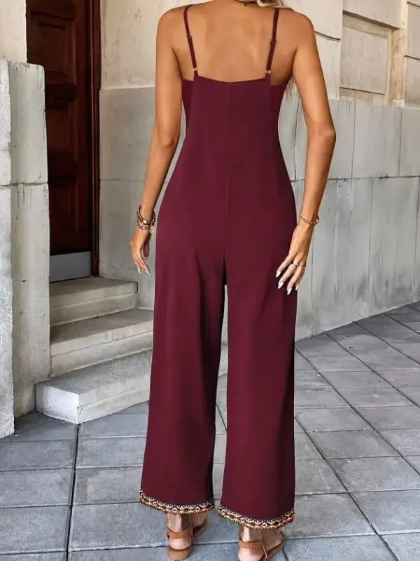 Women's Spaghetti Strap V-Neck Ethnic Stripe Pattern Pocket Detail Janjan Crepe Jumpsuit - 3