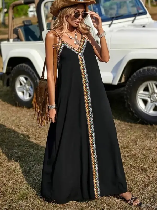 Women's Spaghetti Strap V-Neck Ethnic Striped Detailed Long Viscose Dress - 3