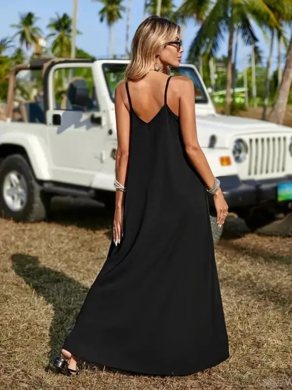 Women's Spaghetti Strap V-Neck Ethnic Striped Detailed Long Viscose Dress - 5
