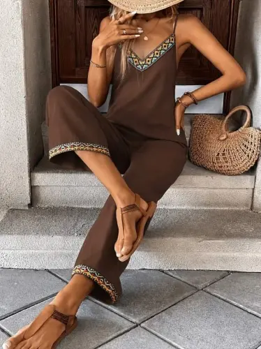 Women's Spaghetti Strap V-Neck Ethnic Striped Patterned Pocket Detailed Janjan Crepe Jumpsuit - 1