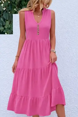 Women's Spaghetti Strap V-Neck Front Button Midi Viscose Dress - 1
