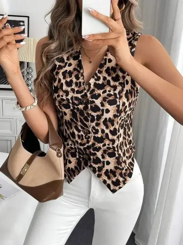Women's Spaghetti Strap V-Neck Front Buttoned Leopard Print Atlas Jacket - 4