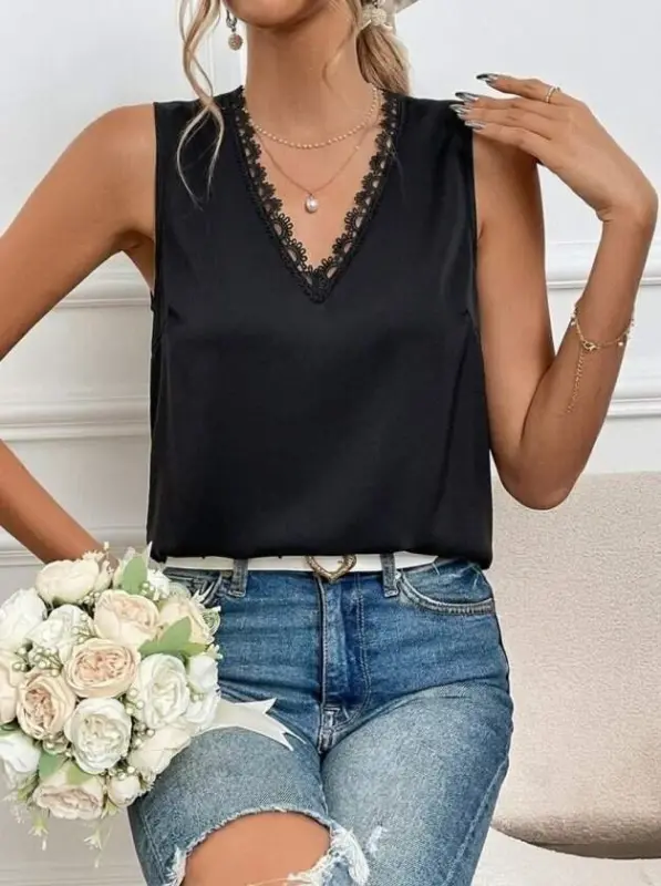 Women's Spaghetti Strap V-Neck Lace Trim Sandy Blouse with Back Tie - BÜYÜKBEDENIZ