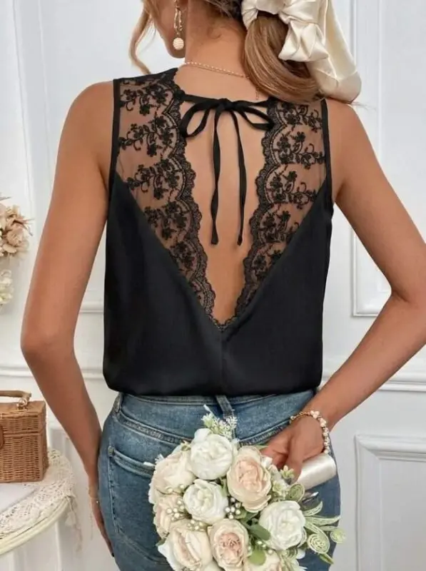 Women's Spaghetti Strap V-Neck Lace Trim Sandy Blouse with Back Tie - 2