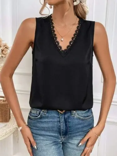 Women's Spaghetti Strap V-Neck Lace Trim Sandy Blouse with Back Tie - 3