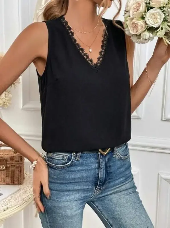 Women's Spaghetti Strap V-Neck Lace Trim Sandy Blouse with Back Tie - 4