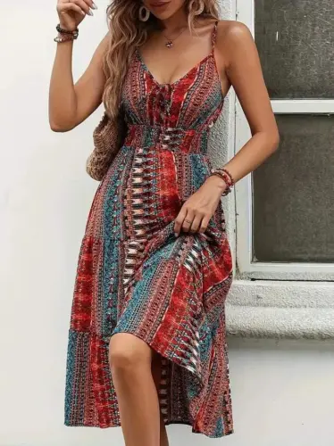 Women's Spaghetti Strap V-Neck Lace-Up Elastic Waist Patterned Süprem Dress - BÜYÜKBEDENIZ (1)