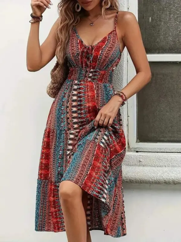 Women's Spaghetti Strap V-Neck Lace-Up Elastic Waist Patterned Süprem Dress - 2