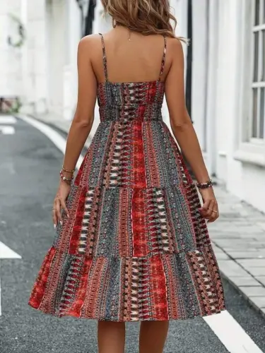 Women's Spaghetti Strap V-Neck Lace-Up Elastic Waist Patterned Süprem Dress - 3