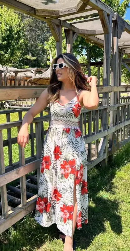 Women's Spaghetti Strap V-Neck Lace-Waist Floral-Pattern Slit-Side Maxi Supima Dress - 1