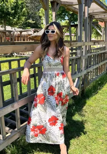 Women's Spaghetti Strap V-Neck Lace-Waist Floral-Pattern Slit-Side Maxi Supima Dress - 2