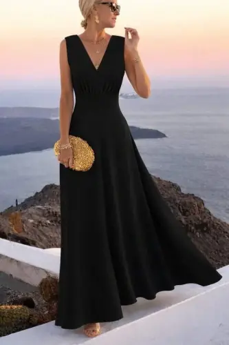 Women's Spaghetti Strap V-Neck Long Imported Crepe Dress with Waist Corset Detail - 1