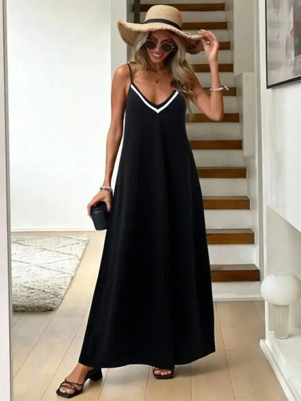 Women's Spaghetti Strap V-Neck Long Viscose Dress - 2