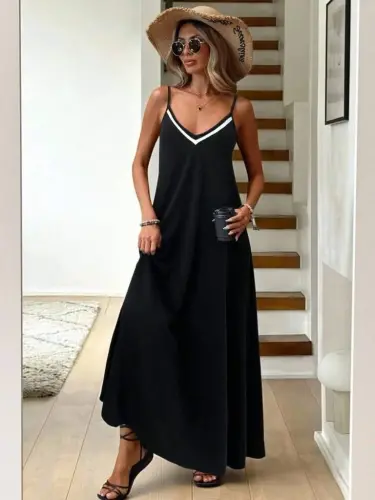 Women's Spaghetti Strap V-Neck Long Viscose Dress - 3